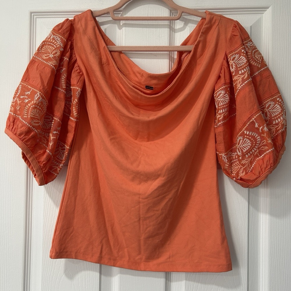 Free People‎ Rock With It Off The Shoulder Embroidered Sleeve Orange Knit Top